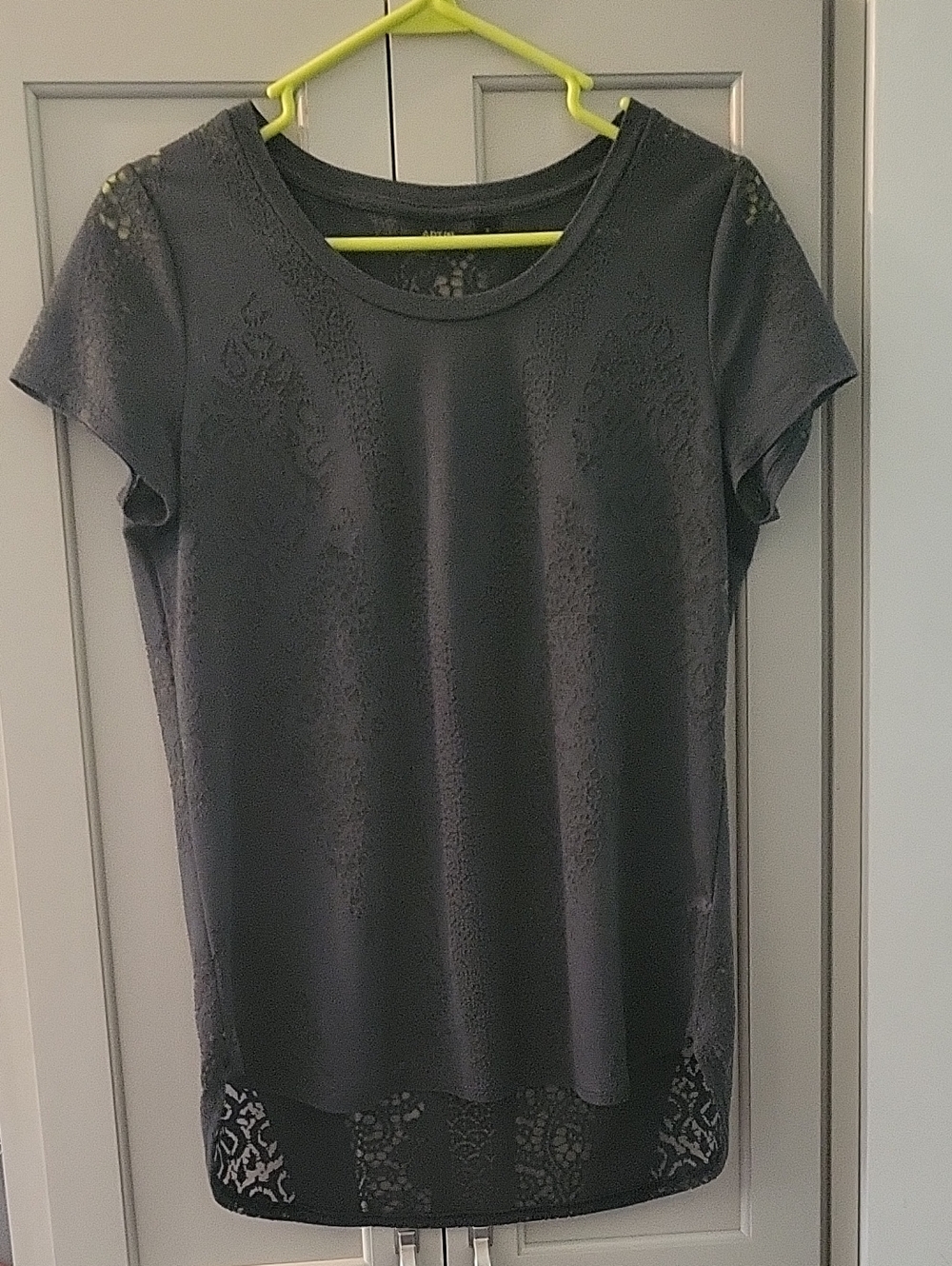 Gray Lace-Inset Short Sleeve Women's Top